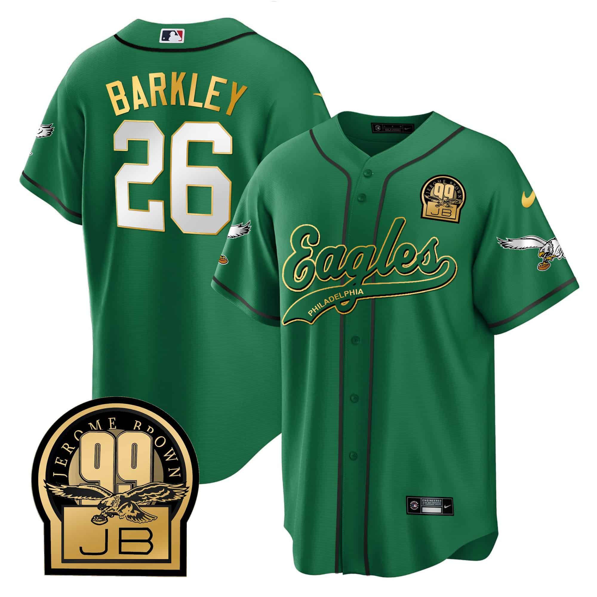 Men Philadelphia Eagles 26 Barkley Green 2024 Nike Jerome Brown Retired Patch Baseball NFL Jersey style 1